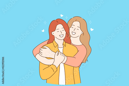 Friendship, girls happiness and hugs concept. Two Cheerful smiling young girls cartoon characters in casual clothing standing and embracing each other vector illustration 