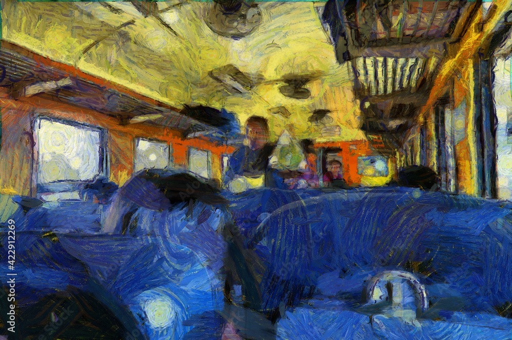 Passengers on Thai locomotives Illustrations creates an impressionist style of painting.
