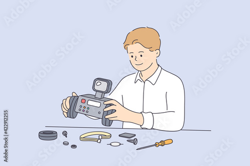 Robotics technology intelligence learning concept. Smiling child boy building robot copyspace constructor engineering playing childhood kids hobby leisure vector illustration 