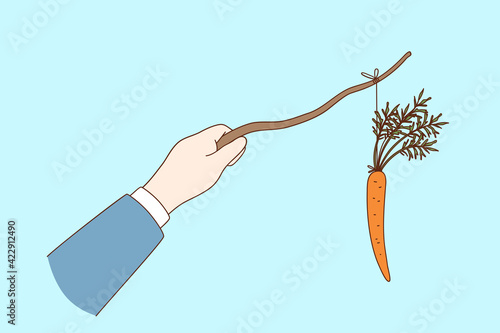 Carrot and stick Reward and punishment concept. Businessman hand holding Carrot on stick for manipulating, rewarding and making punishment on workers vector illustration 