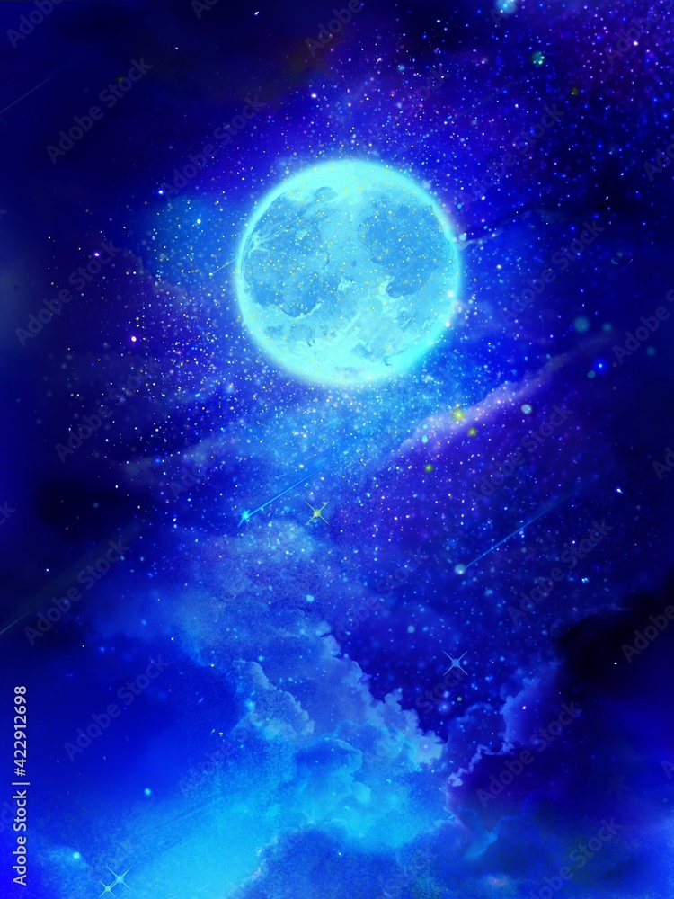 Landscape of blue full moon in starry space 