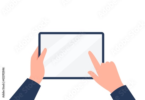 A hand is touching a blank screen of a tablet. Using digital tablet computer. Vector flat illustration.
