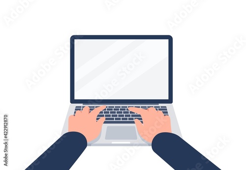 Hands are typing on the laptop keyboard. Using digital laptop. Vector flat illustration.