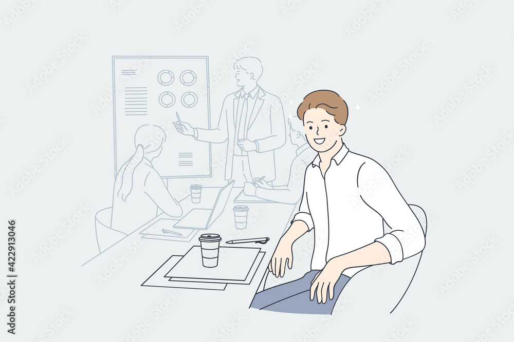 Working in office, presentation, designer concept. Young smiling man designer cartoon character sitting in board room during presentation looking at camera vector illustration Working in office, presentation, designer concept. Young smiling man designer cartoon character sitting in board room during presentation looking at camera vector illustration