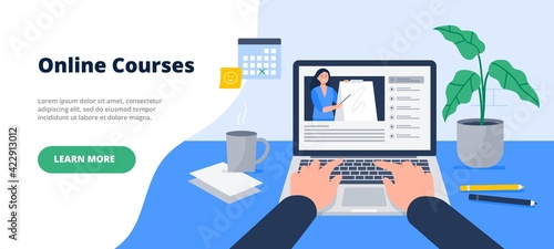 A banner for online education, distance learning. Watching a video, course, webinar, tutorials online. Vector flat illustration.