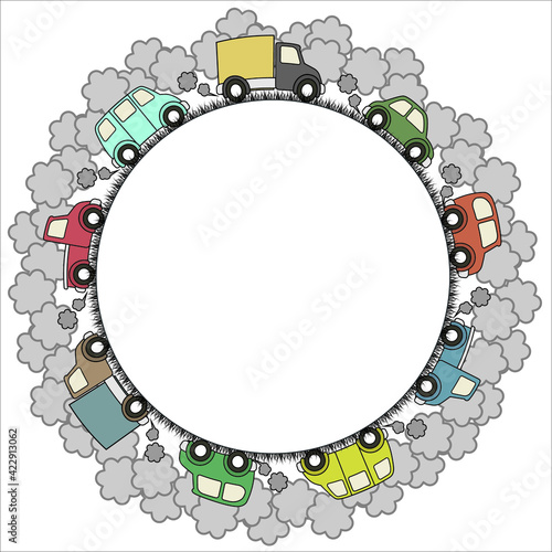 drawn cars drive on the surface of the planet and pollute the environment with carbon monoxide, vector illustration