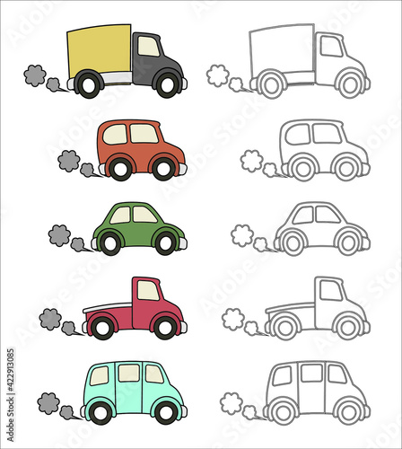 children's coloring, set of drawn cars on a white background, vector illustration
