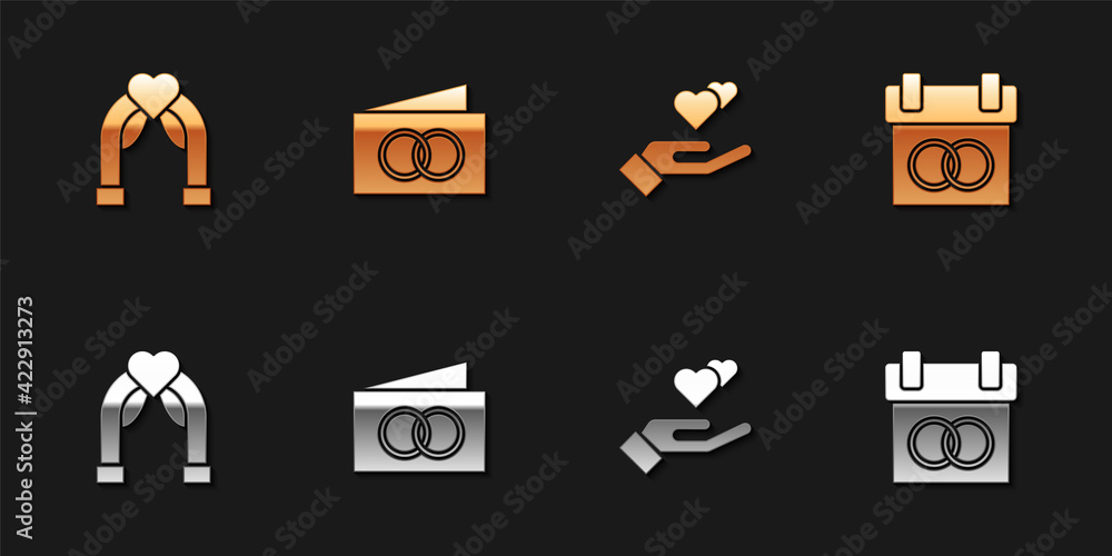 Set Wedding arch, Greeting card, Heart hand and Calendar icon. Vector Set Wedding arch, Greeting card, Heart hand and Calendar icon. Vector
