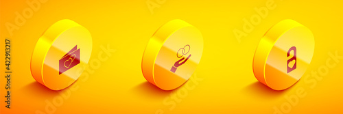 Set Isometric Greeting card, Wedding rings and Please do not disturb icon. Vector