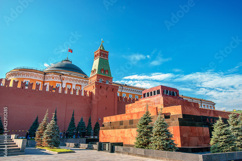 View of the Red Square in Moscow and the mausoleum of Lenin. Russia life before pandemic COVID-19