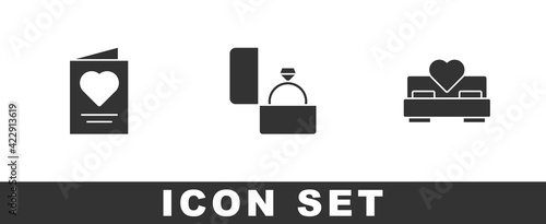 Set Greeting card, Diamond engagement ring and Bedroom icon. Vector