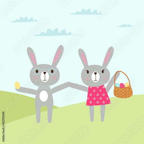 Cartoon Doodle happy easter card with bunny girl in dress and bunny boy, painted eggs and a basket surrounded by green grass. Editable EPS 10 vector graphic illustration. Happy easter concept.