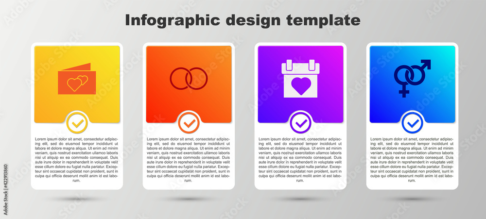 Set Greeting card, Wedding rings, Calendar and Gender. Business infographic template. Vector Set Greeting card, Wedding rings, Calendar and Gender. Business infographic template. Vector