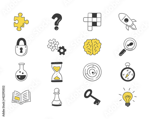 Puzzle and riddles. Set of isolated hand drawn icons. Crossword puzzle, Maze, Brain, Chess piece, Light bulb, labyrinth, gear, lock and key. Vector illustration in doodle style on white background