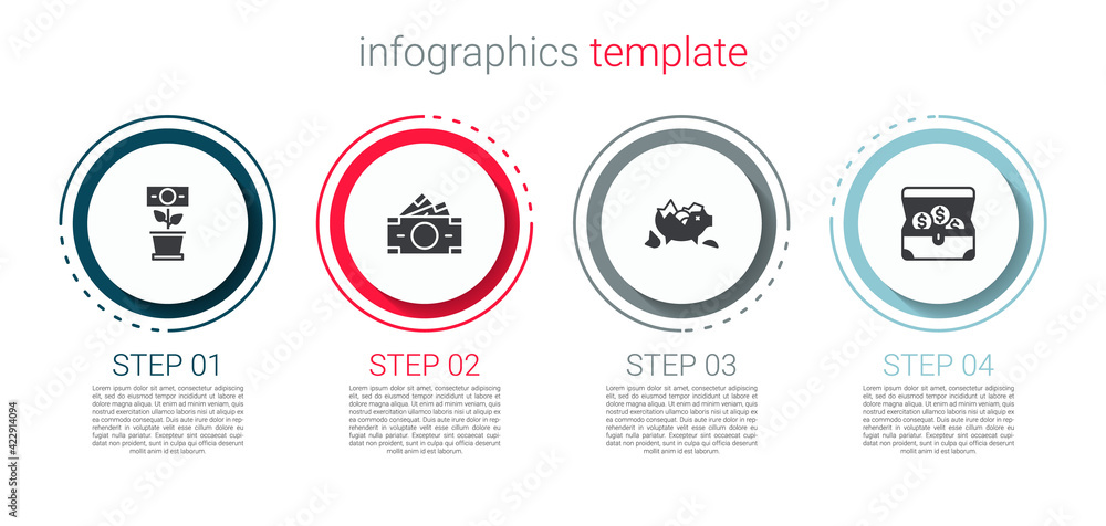 Set Money plant in the pot, Stacks paper money cash, Broken piggy bank and Treasure chest. Business infographic template. Vector Set Money plant in the pot, Stacks paper money cash, Broken piggy bank and Treasure chest. Business infographic template. Vector