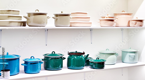 Tableau sur toile Metal enamel pots and teapots in store
