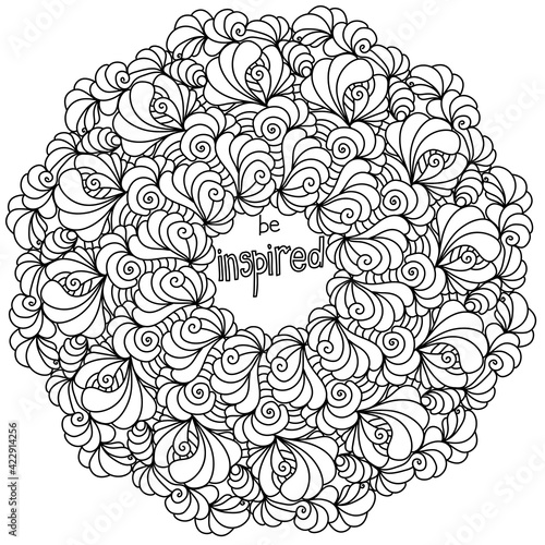 Mandala with inspirational phrase Be inspired, meditative zen coloring page with swirls and waves