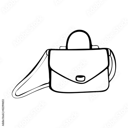 Handbag drawing. Women's shoulder bag, vector doodle. Bag postman line art. Hand drawn, isolated on white background