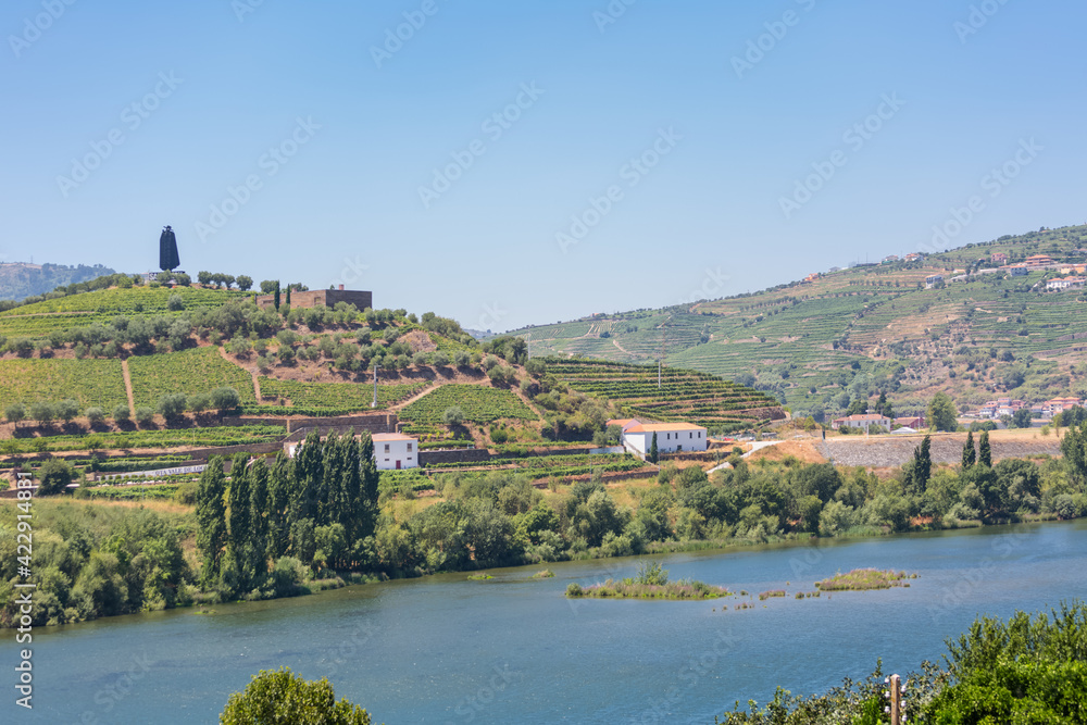 Full view at the Douro river on Regua, typical landscape of the highlands in the north of Portugal