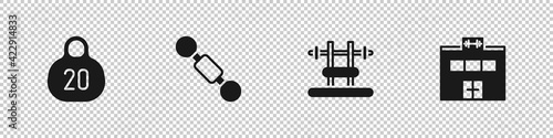 Set Kettlebell, Dumbbell, Bench with barbel and Gym building icon. Vector