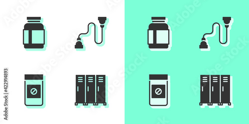 Set Locker or changing room, Sports nutrition, Anabolic drugs and Chest expander icon. Vector