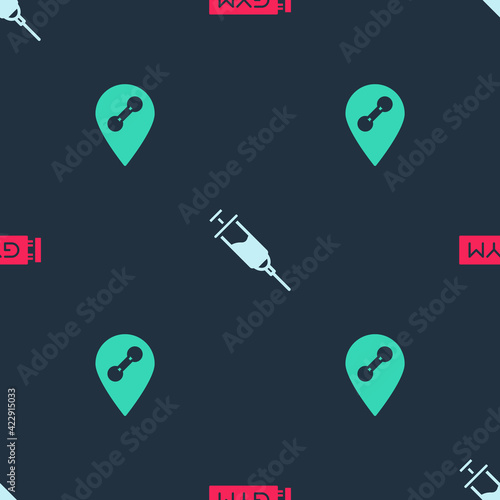 Set Location gym, Doping syringe and on seamless pattern. Vector