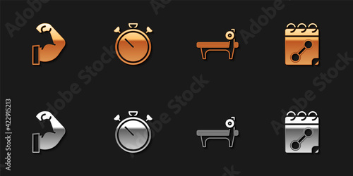 Set Bodybuilder muscle, Stopwatch, Bench with barbel and Calendar fitness icon. Vector