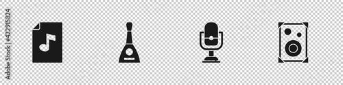 Set Music book with note, Balalaika, Microphone and Stereo speaker icon. Vector