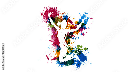 happy woman silhouette jumping, multicolor splash