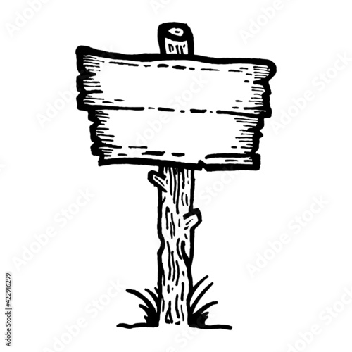 Black and white vintage etched art. Ink drawn ghotic clipart for sticker, tattoo, print. Old retro wooden road sign with empty signpost.