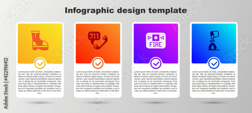 Set Fire boots, Telephone call 911, alarm system and Bucket extinguishing fire. Business infographic template. Vector