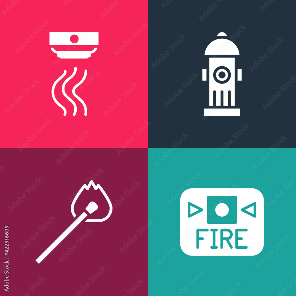 Set pop art Fire alarm system, Burning match with fire, hydrant and Smoke icon. Vector Set pop art Fire alarm system, Burning match with fire, hydrant and Smoke icon. Vector