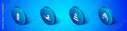 Set Isometric Fire hydrant, Traffic cone, Firefighter helmet and Cigarette icon. Vector