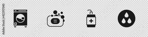 Set Washer, Bar of soap, Hand sanitizer bottle and Water drop icon. Vector