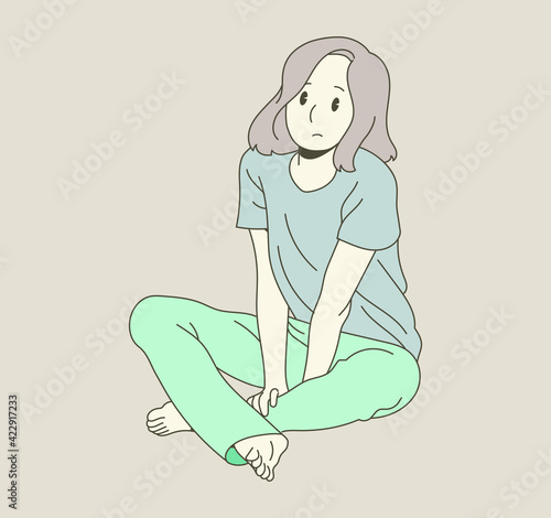 A girl is sitting on the floor and has a serious expression. hand drawn style vector design illustrations. 