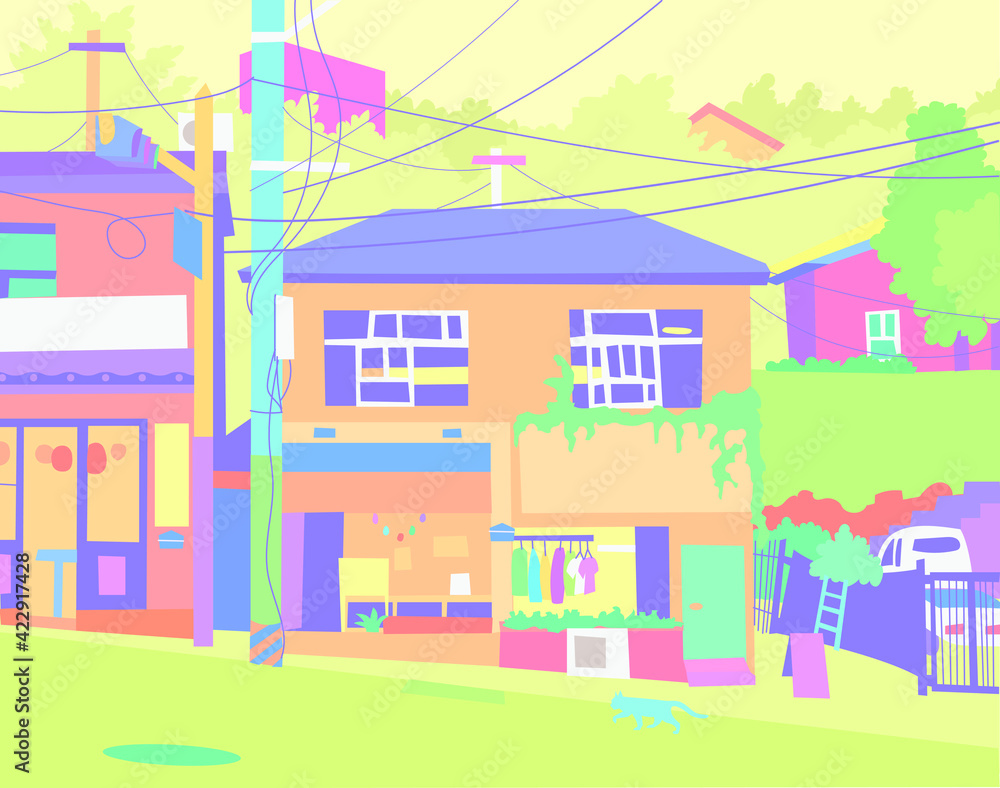 The exterior of a neon-colored rural house. hand drawn style vector design illustrations. 