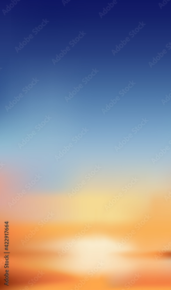 Sky in evening with orange, yellow and dark blue colour, Sunset dusk sky, Dramatic twilight landscape with morning sky,Vector mesh vertical banner of Sunrise for Spring or Summer