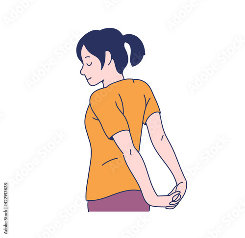 A girl is stretching with her arms back. hand drawn style vector design illustrations. 