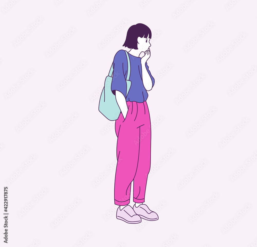A girl is standing with a shoulder bag. hand drawn style vector design illustrations. A girl is standing with a shoulder bag. hand drawn style vector design illustrations.