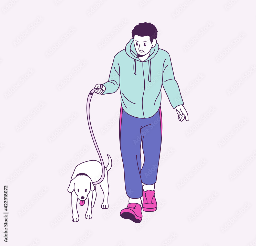 Naklejka premium A man in comfortable clothes is walking with his dog. hand drawn style vector design illustrations. 