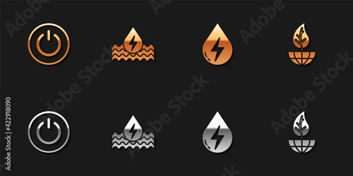 Set Power button, Water energy, and Earth globe and leaf icon. Vector