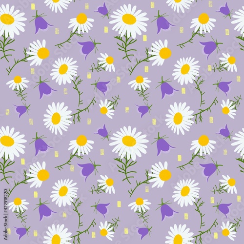 Daisy and Bluebell seamless pattern on mauve background © Marjukka