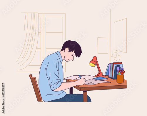 A male student is sitting at a desk and studying. hand drawn style vector design illustrations. 