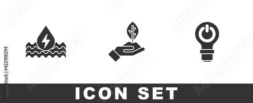 Set Water energy, Plant in hand and Light bulb with lightning icon. Vector