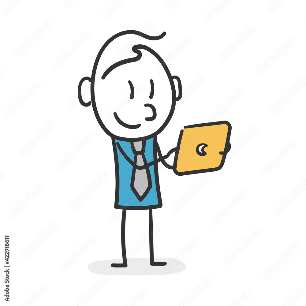 Business stick man working with a tablet. Stick man concept working. Business stick man working with a tablet. Stick man concept working.