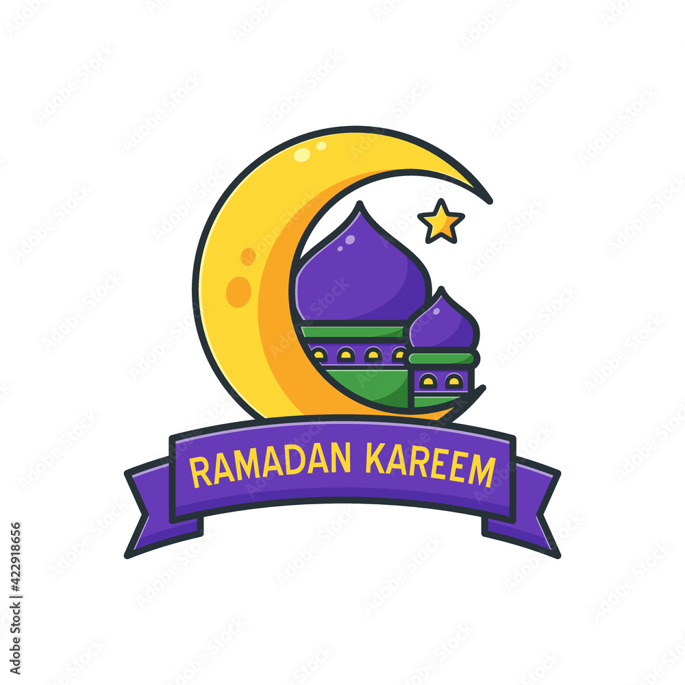 Ramadan Kareem icon with moon and mosque illustration Ramadan Kareem icon with moon and mosque illustration