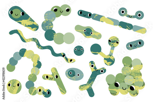 Happy cute bacteria character with smiling face. Funny kind kawaii microorganism: coccus, bifidobacterium, clostridium, streptococcus, spirillum, corynebacterium. Vector flat cartoon illustration