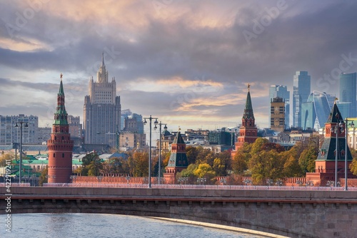 Panoramic view of Moscow skyline and Kremlin walls. Kremlevskaya naberezhnaya with Moscow International Business financial Center on background. Life before pandemic COVID-19