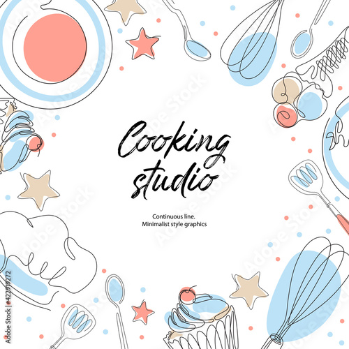 Culinary products and cooking utensils. Cupcakes, plates, spoons, cook hat. Culinary master class, studio, logo.