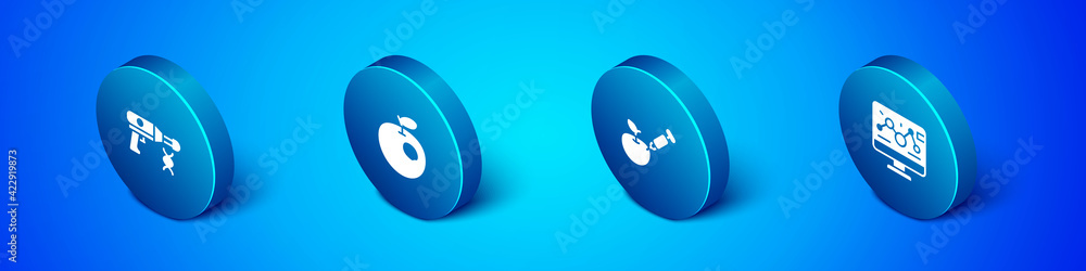Set Isometric Transfer liquid gun, Genetically modified apple, engineering modification and icon. Vector Set Isometric Transfer liquid gun, Genetically modified apple, engineering modification and icon. Vector